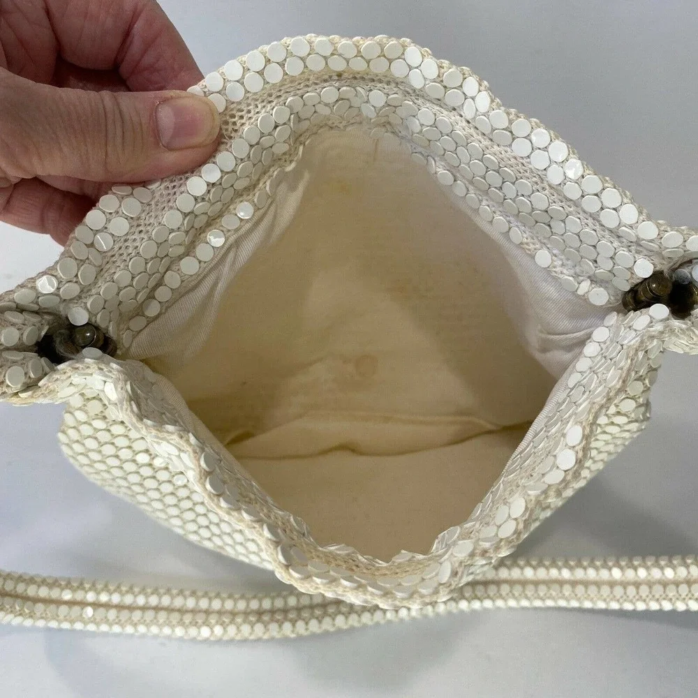 Vintage Handmade White Sequin Mesh Shoulder Bag Purse Hinged Opening